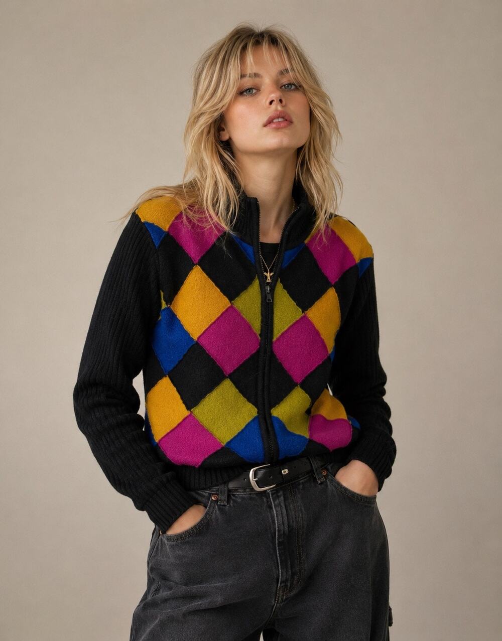 Marisa Christina Vintage Wool Sweater Womens Large Diamond Multicolor Cardigan